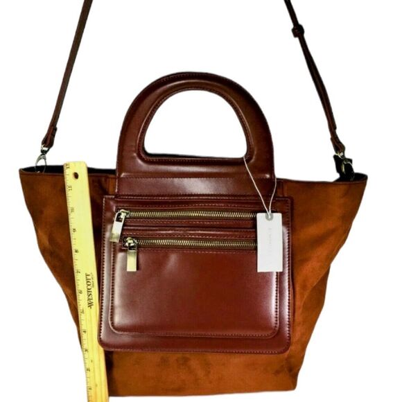 Anthroplogie Brown Faux Suede Leather Crossbody Tote Satche - Picture 6 of 10